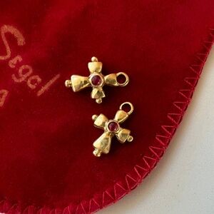 Fred Segal 14k Gold Cross Earrings with Ruby Cabochon Gemstones